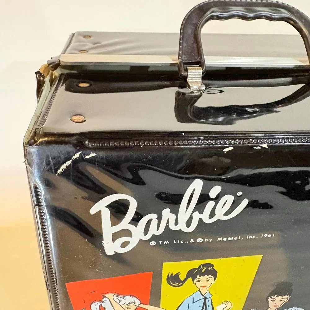 Vintage 1961 Barbie Ponytail Doll Trunk Case Mattel Black Vinyl Accessory Boxes